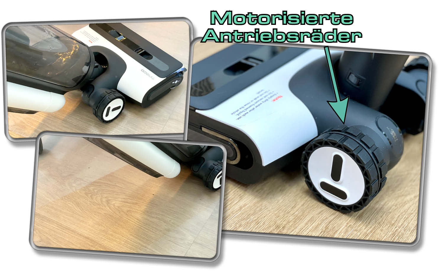 Die Räder des Tineco Floor One S7 Combo sind motorisiert und treiben das Gerät beim Reinigen an
