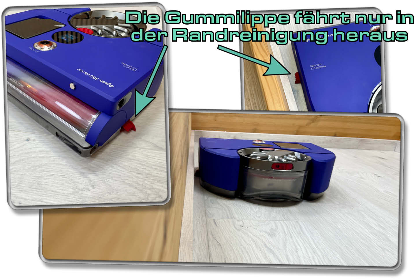 Die Randreinigung des Dyson 360 Vis Nav ist außergewöhnlich, dank ausfahrbarer Gummilippe