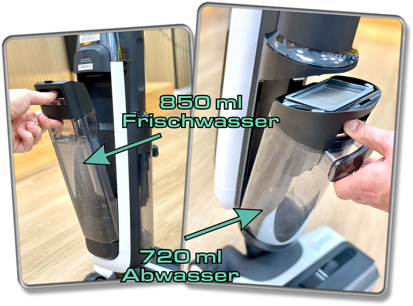 Die Wassertanks befinden sich am Korpus und lassen sich einfach per Knopfdruck entnehmen