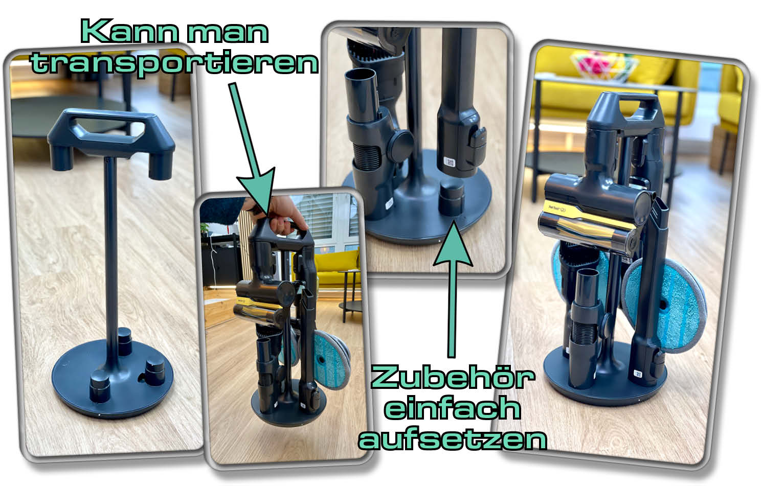 Die praktische Zubehörhalterung kann nicht nur transportiert werden, sondern bringt auch alles an Zubehör unter