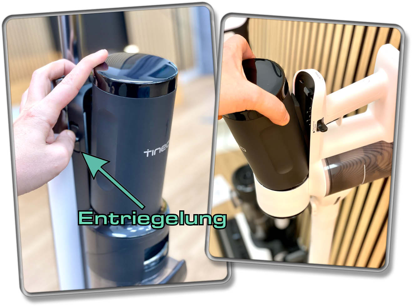 Durch das Entriegeln per Knopfdruck, lässt sich der Motor vom Wischsauger auf den Akkustaubsauger aufbringen