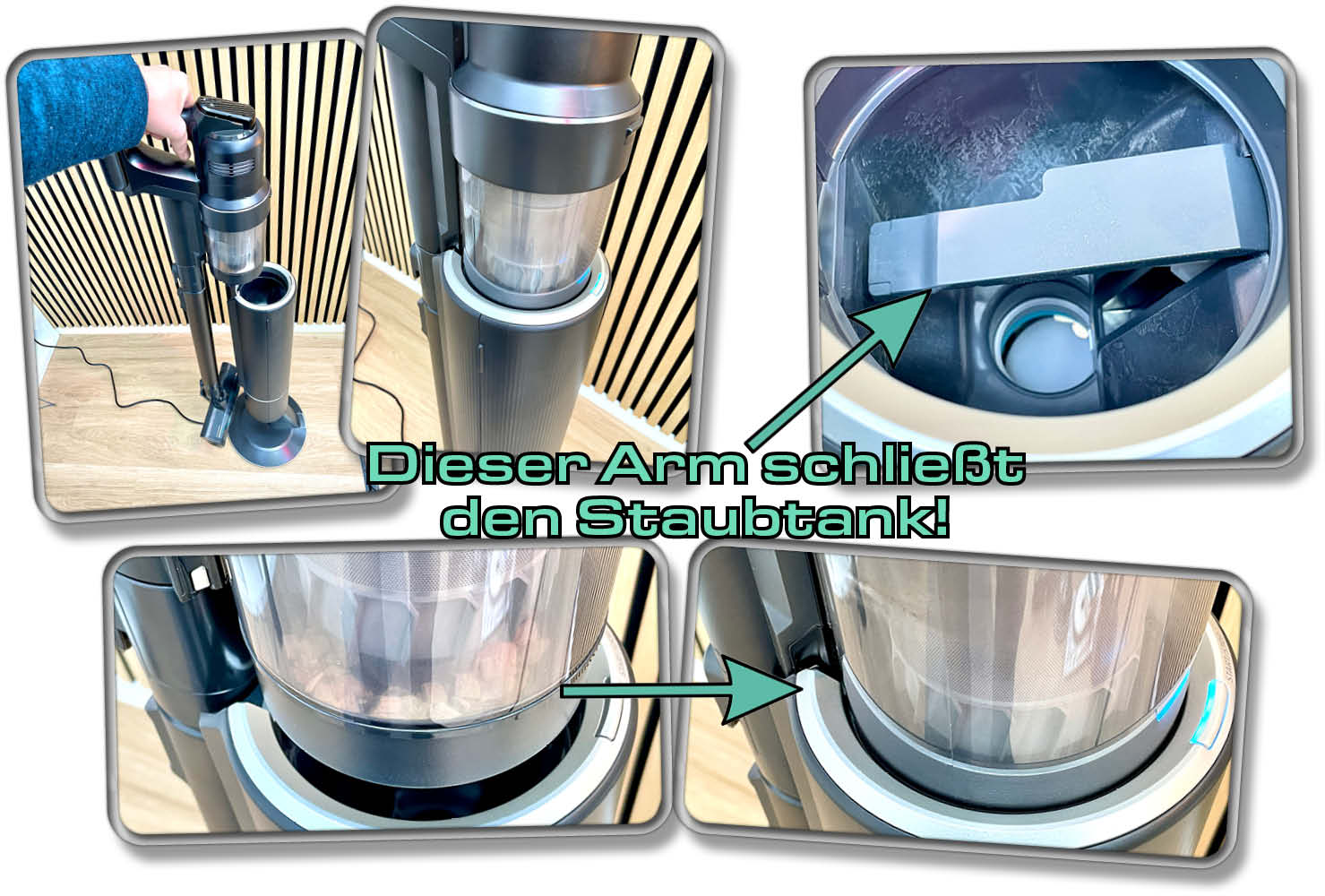 Ein kleiner Arm in der Absaugstation schließt den Staubtank vollständig
