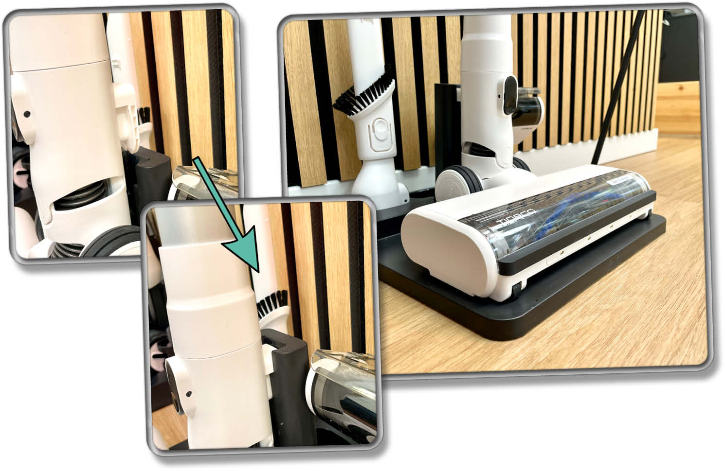 Ein praktischer Standfuß hält den Akkusauger und das Zubehör geordnet