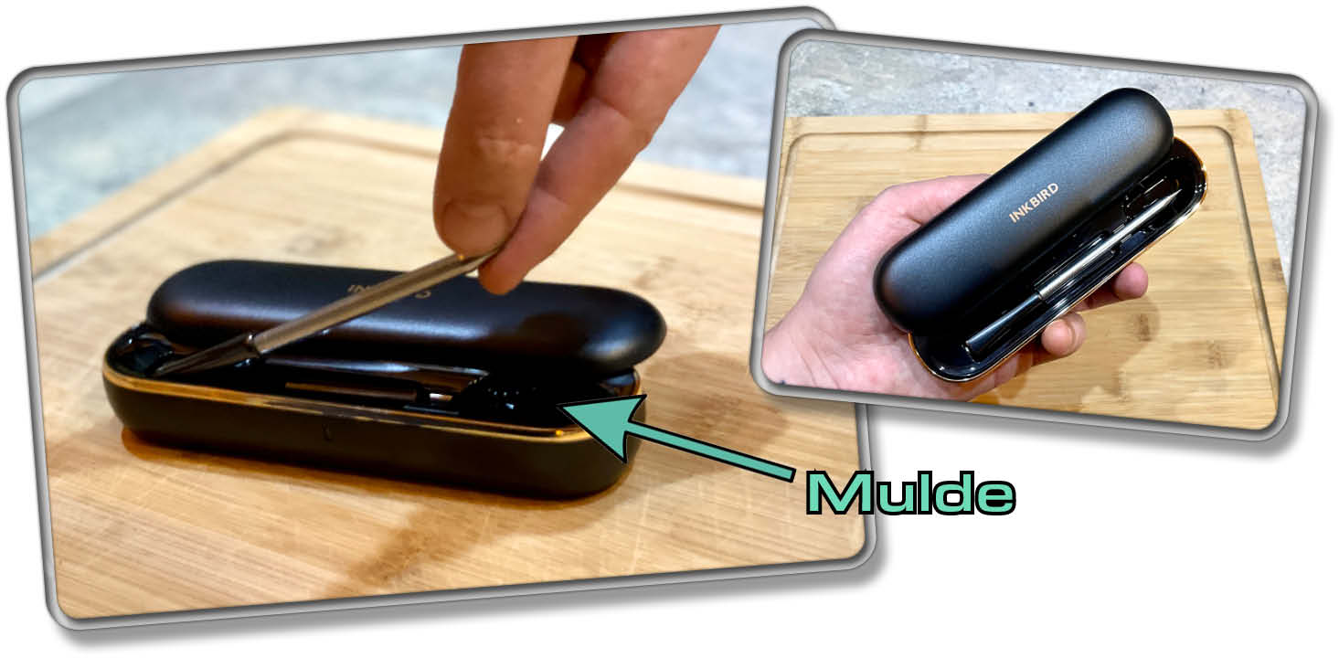 Im Case befindet sich eine Mulde, durch die das Thermometer herausgenommen werden kann