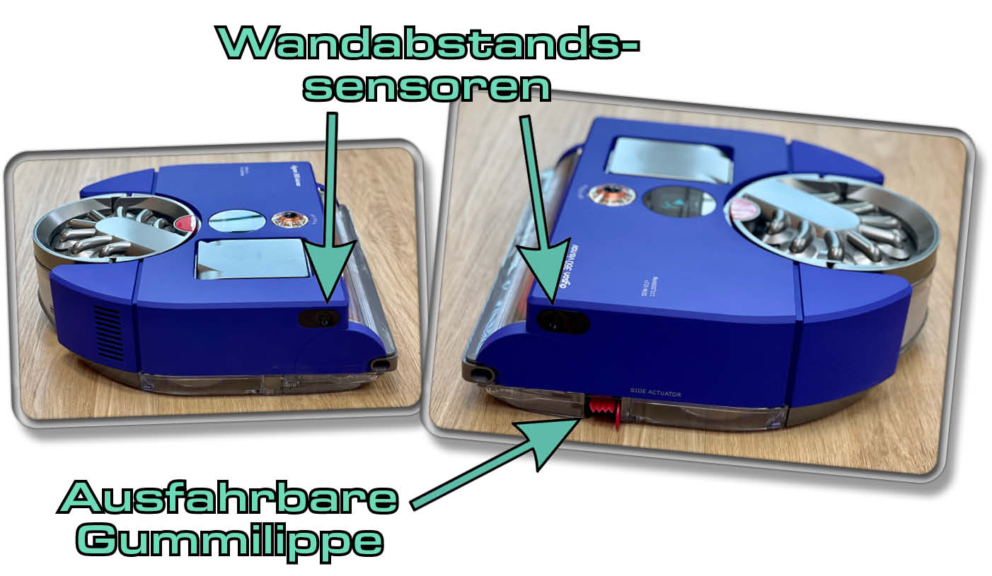 Seitlich am Dyson 360 Vis Nav gibt es Wandabstandssensoren und eine ausfahrbare Gummilippe als Seitenbürstenersatz
