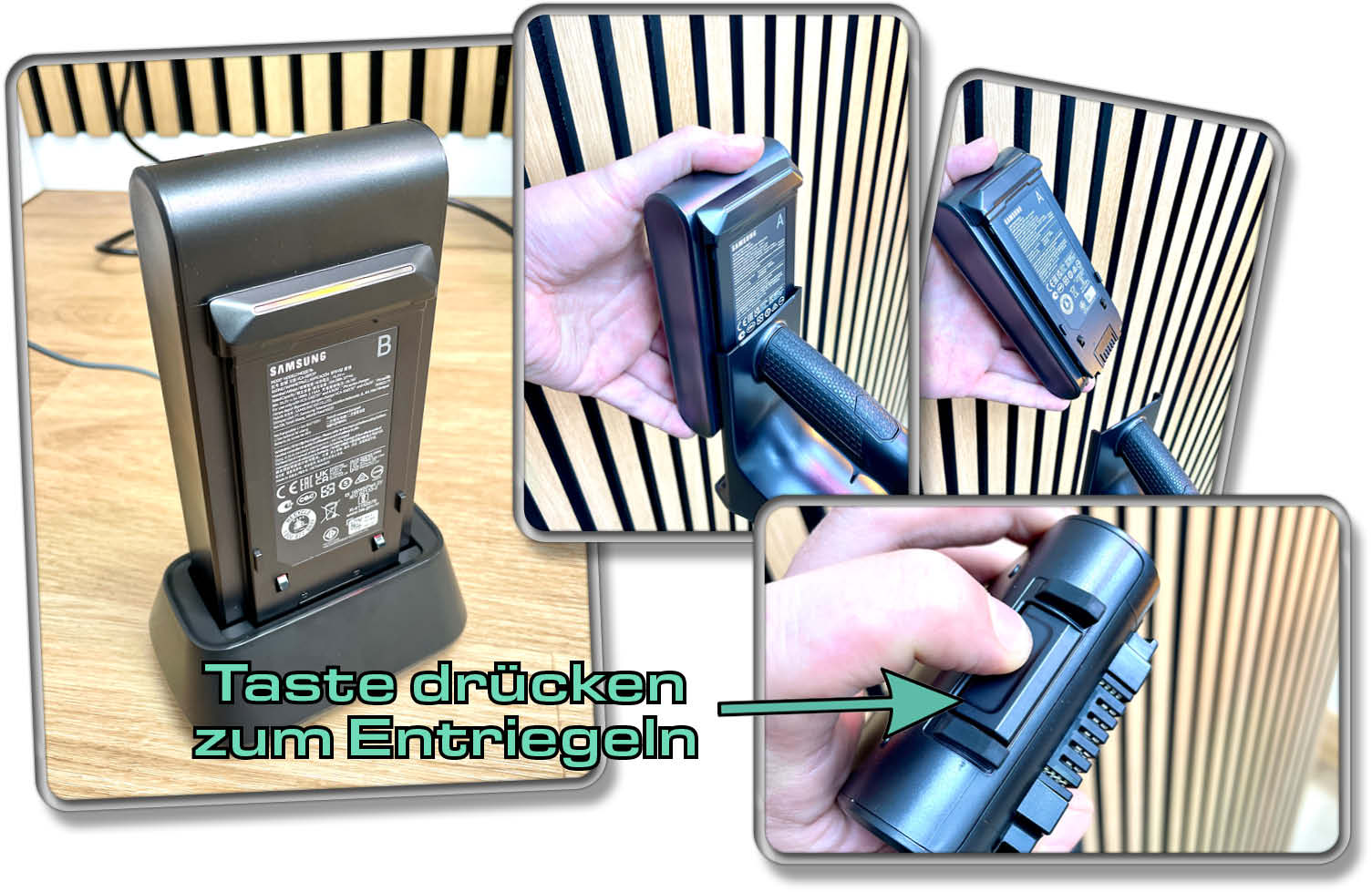 Um den Akku aus der Saugeinheit zu entfernen, muss man eine Taste drücken