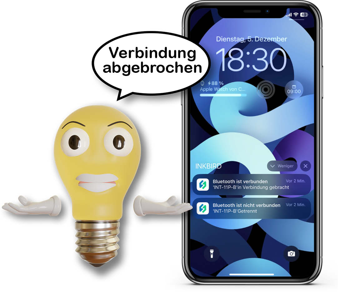 Wenn man sich zu weit mit dem Smarphone entfernt, dann bricht die Verbindung ab