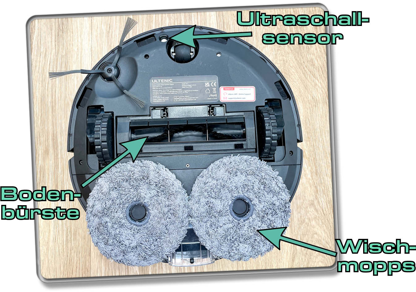 Auf der Unsterseite des Ultenic MC1 kommen einem sofort die großen Wischteller entgegen