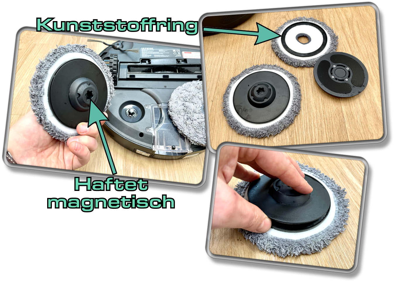 Das sind die Wischmopps, die mittels Magnet am Roboter haften.