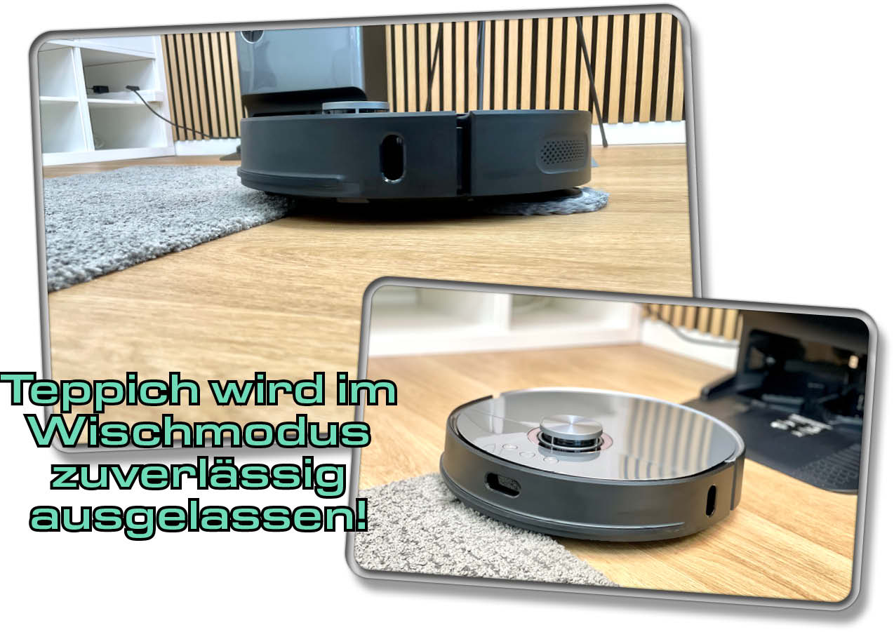 Der Saugroboter befährt Teppich nicht, wenn die Wischmopps anmontiert sind