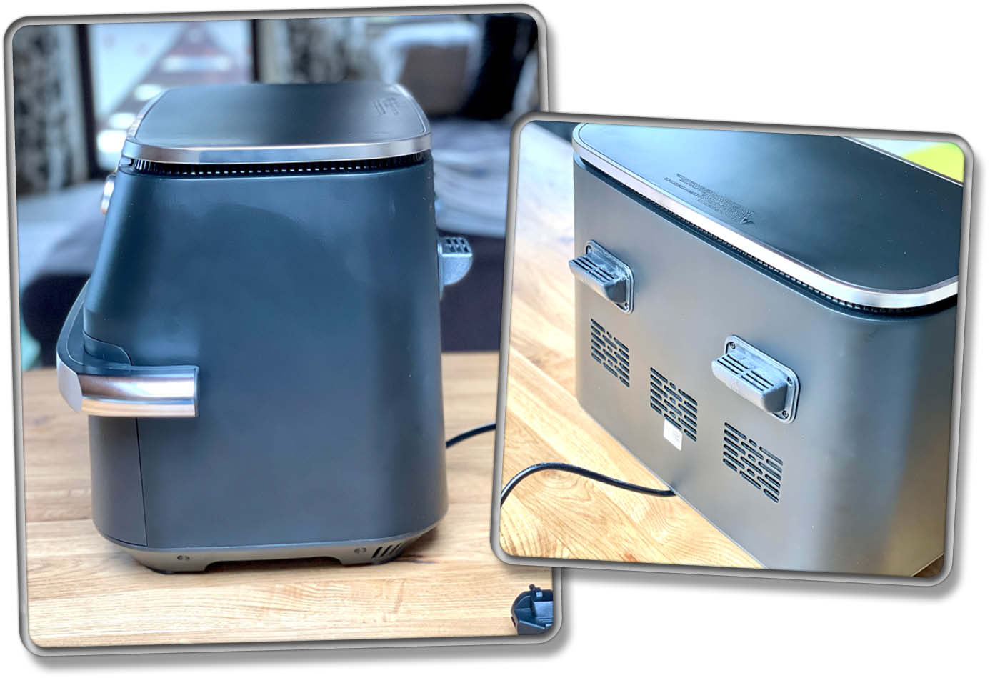 Auf der Rückseite der großen Heißluftfritteuse befinden sich zwei Luftauslässe