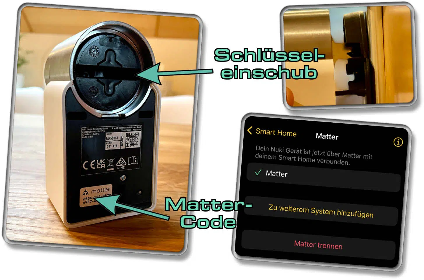 Auf der Rückseite des Nuki Smart Lock 4.0 Pro befindet sich der Matter-Code und ein Schlüsseleinschub