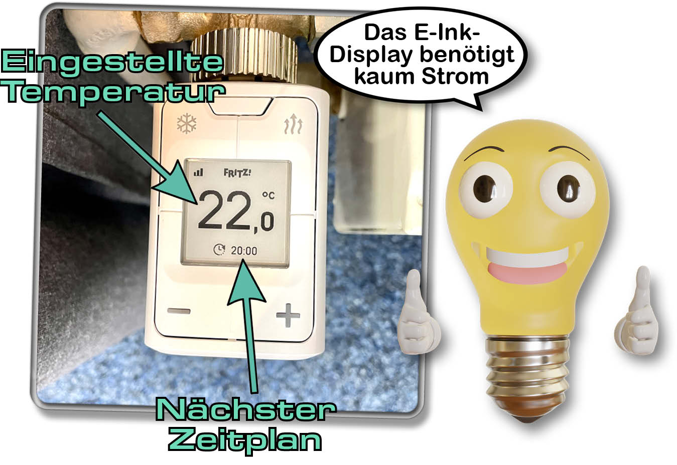 Das E-Ink-Display des AVM FRITZ!DECT 302 Heizkörperthermostats verbraucht nur gering Strom