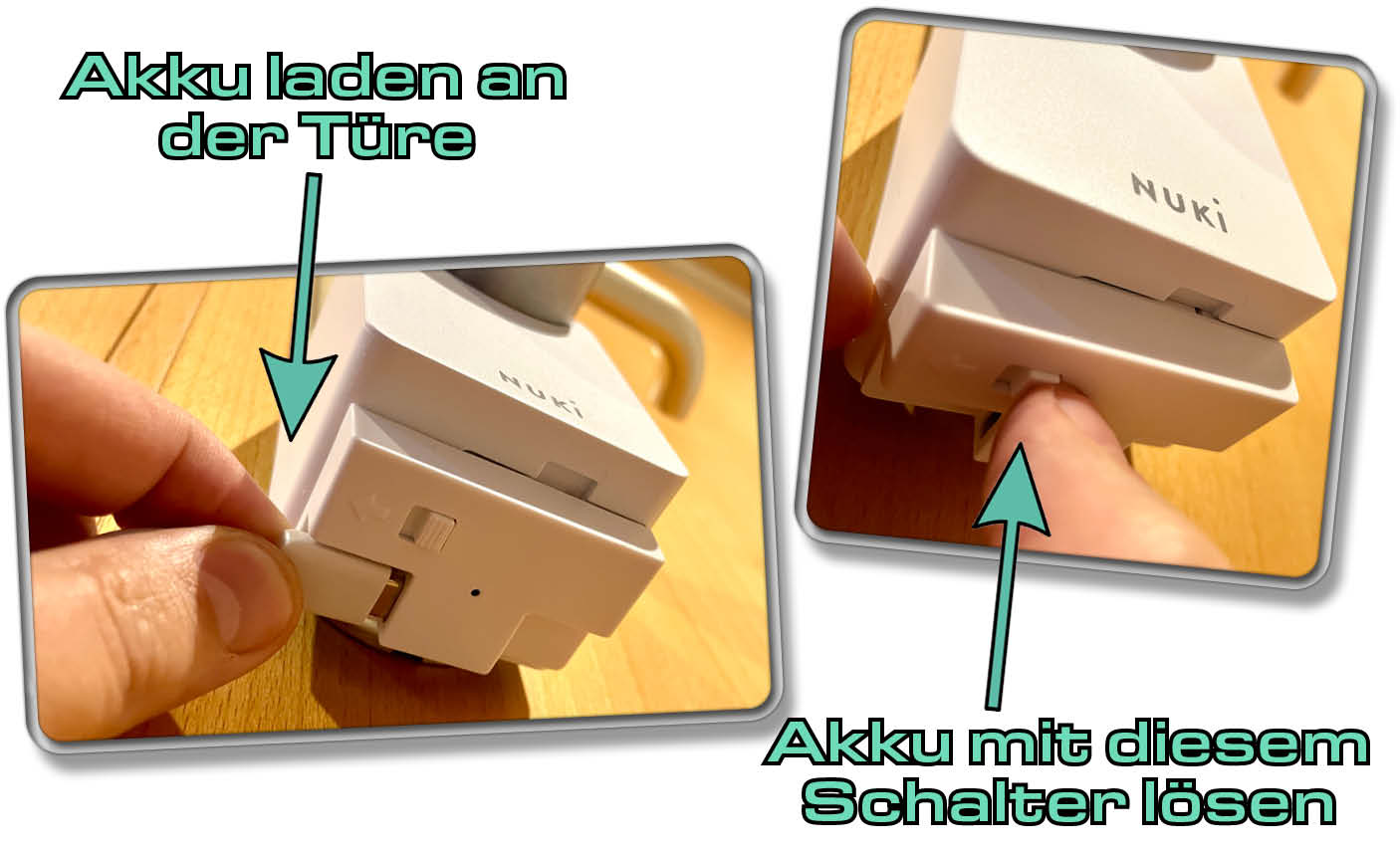 Der Akku kann leicht entfernt werden und mittels Kabel sogar an der Tür geladen werden.