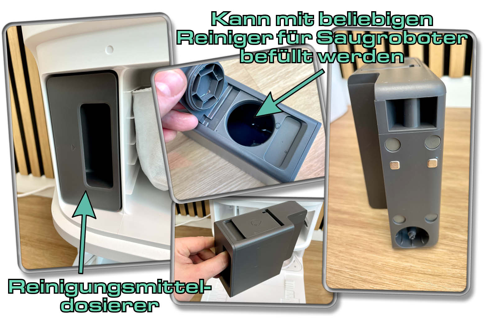 Der Dreame L10s Pro Ultra Heat besitzt einen Reinigungsmitteldosierer, der mit beliebigen Reiniger für Saugroboter befüllt werden kann.