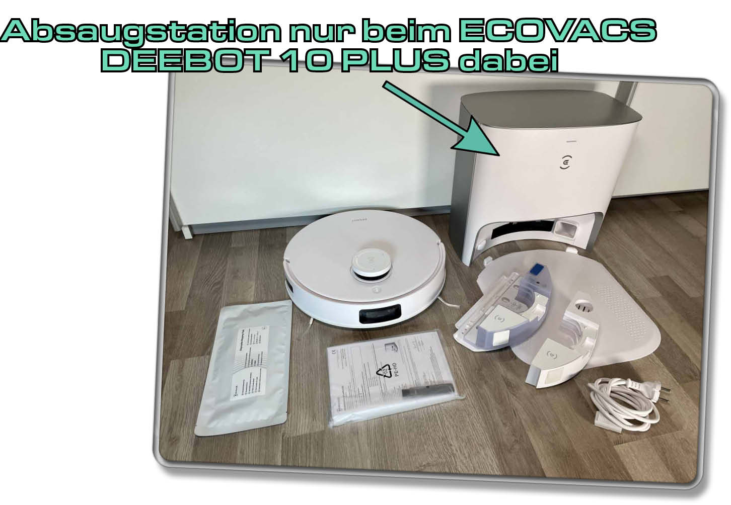 Der Lieferumfang des ECOVACS DEEBOT T10. Eine Absaugstation ist jedoch nicht mit dabei.