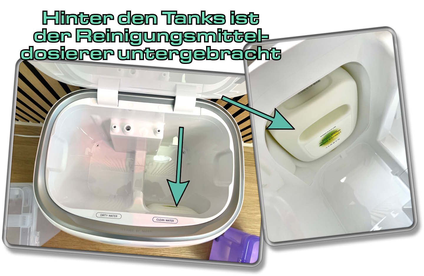 Der Reinigungsmitteldosierer sitzt direkt hinter den Tanks in der Station