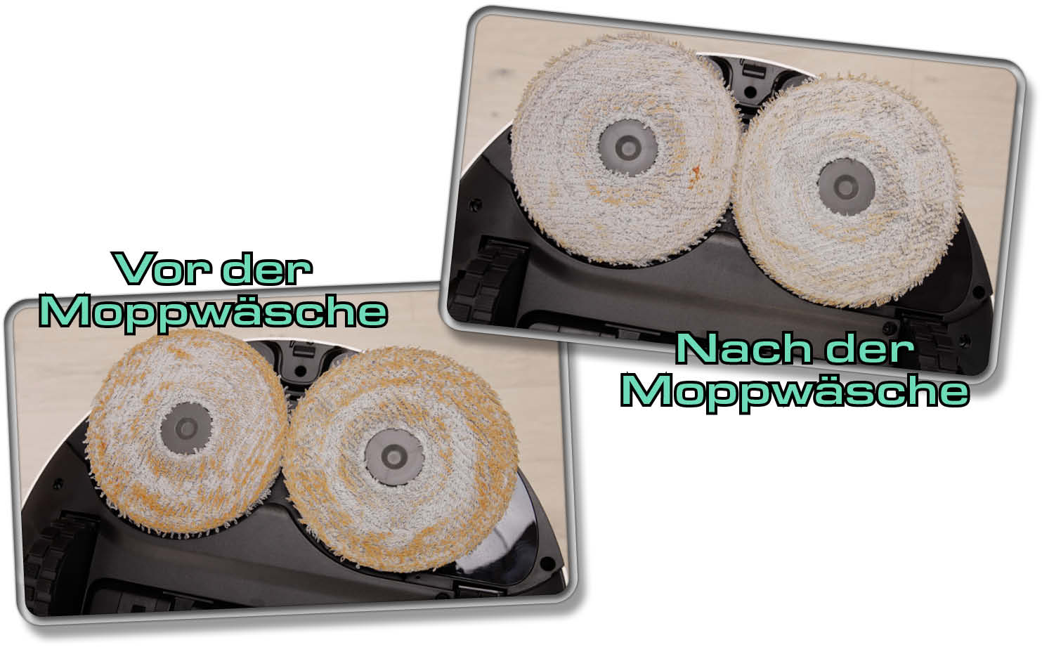 Die Bilder zeigen, wie eindrucksvoll die Reinigungsstation die Mopps auswäscht