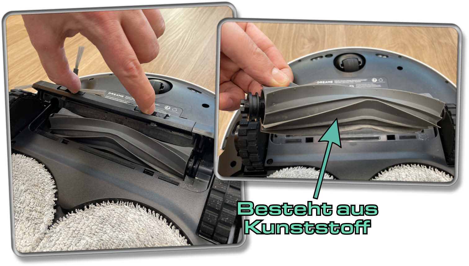 Die Bodenbürste des Dreame L10s Pro Ultra Heat besteht vollständig aus Kunststoff und wickelt dadurch weniger Haare auf.