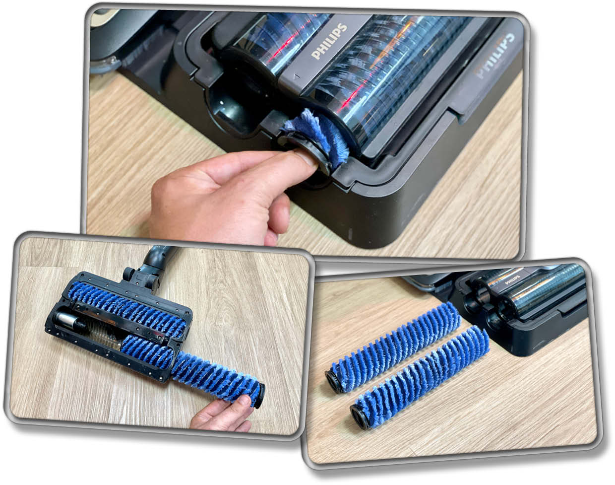 Die Bodenbürsten können seitlich ohne viel Aufwand aus der Düse herausgeholt werden.