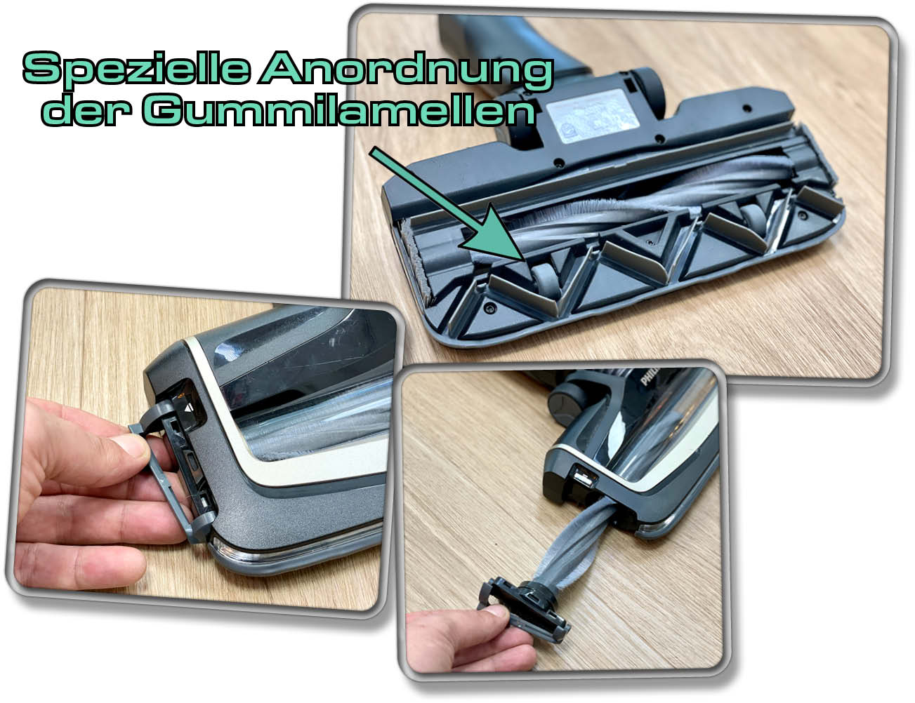 Die Bodendüse hat speziell angeordnete Gummilamellen, die besser mit dem Schmutz umgehen sollen