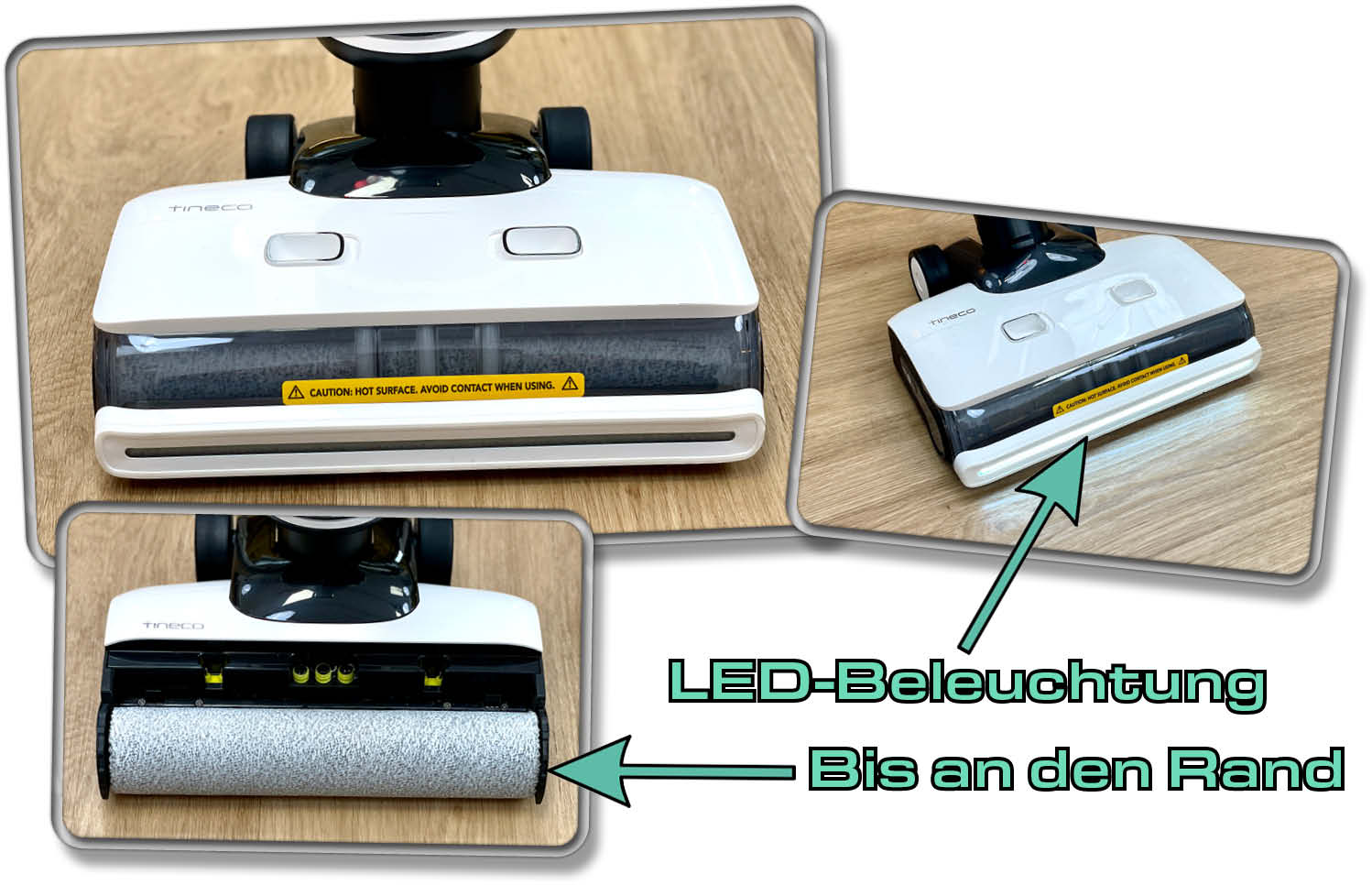 Die Bodendüse verfügt über eine beidseitige Randreinigung und eine praktische LED-Beleuchtung