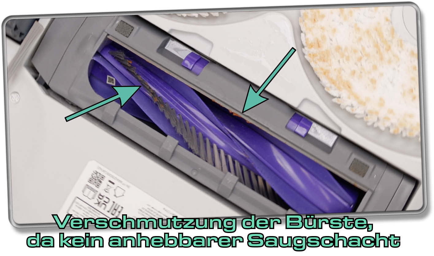 Die Bürste des Narwal Freo X Ultra wird beim Wischen schmutzig, da kein anhebbarer Saugschacht vorhanden ist