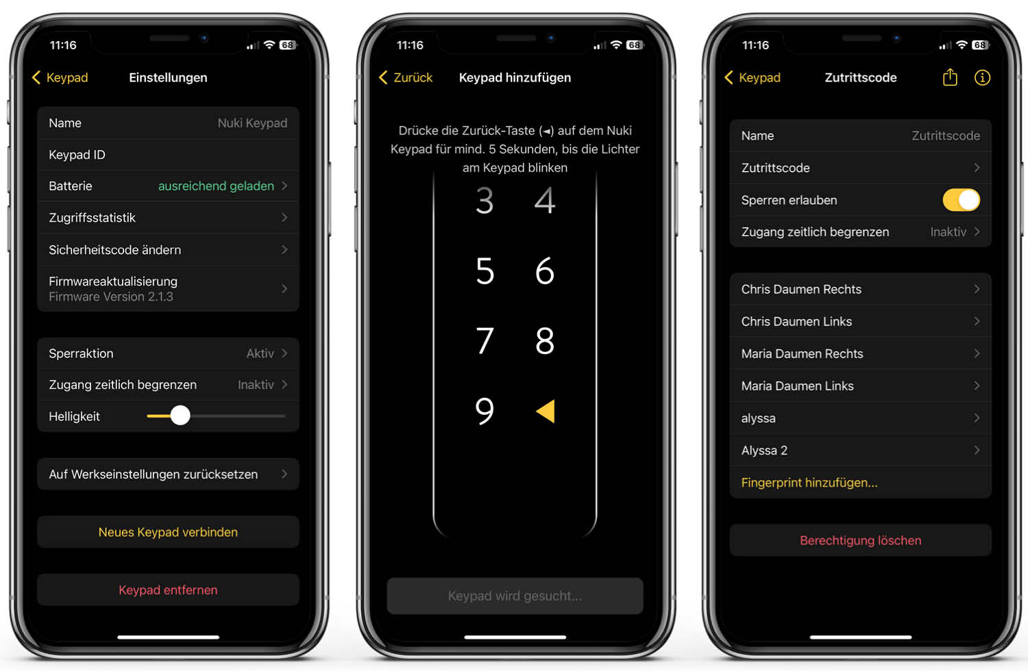 Die Einstellmöglichkeiten über die App des Nuki Keypads 2.0