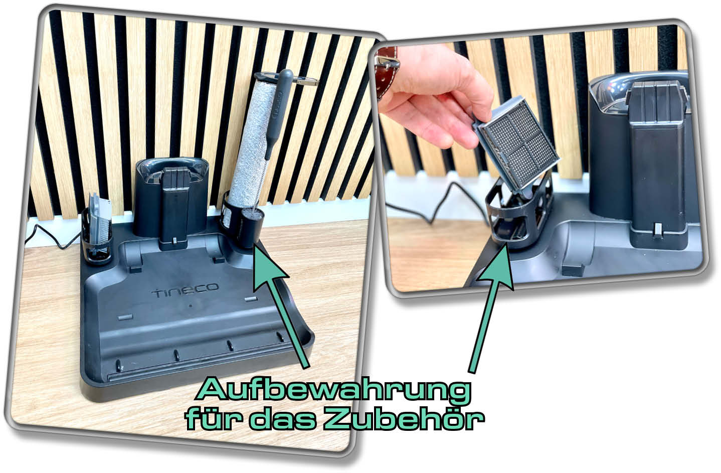 Die Lade- und Selbstreinigungsstation hat Halterungen für das Zubehör