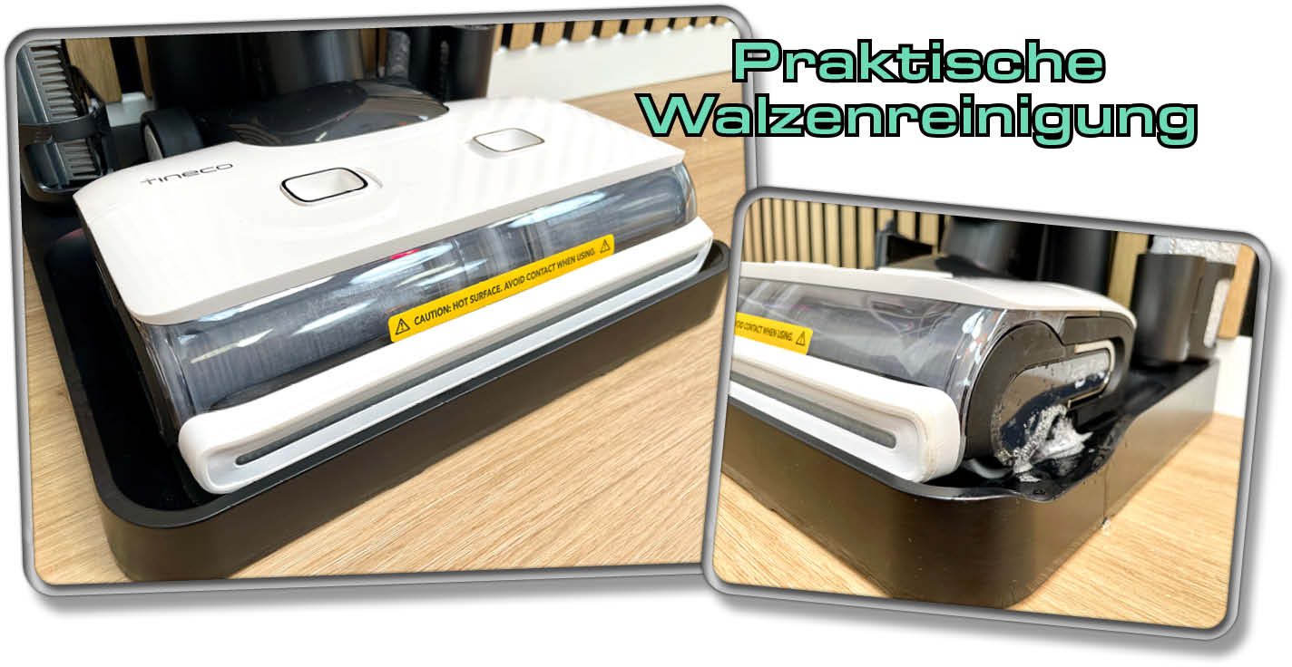 Die Station wäscht die Walze nach jeder Reinigungsaufgabe sauber