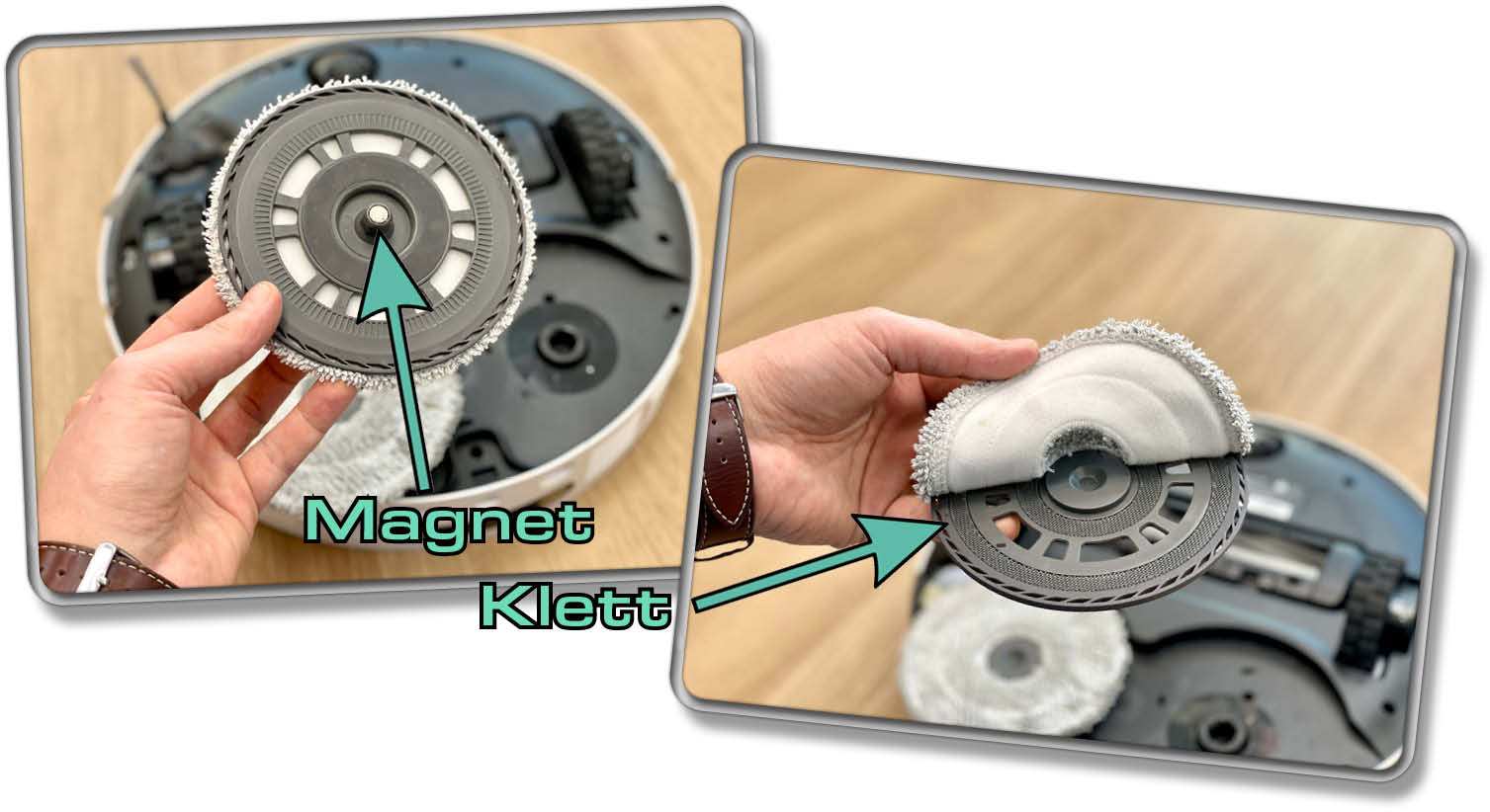 Die Wischmopps des Dreame L10s Pro Ultra Heat lassen sich dank eines Magneten einfach abnehmen.