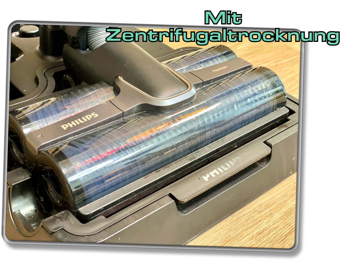 Durch schnellse Drehen der Räder gelingt es den Rollen einigermaßen trocken zu werden.