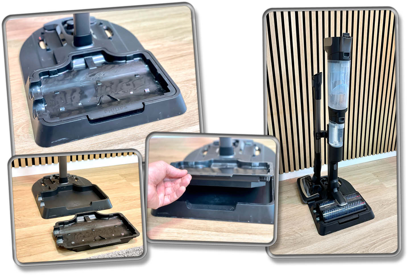 In der Station des Philips 9000 Series AquaTrio Cordless kommt jedes Zubehörteil unter