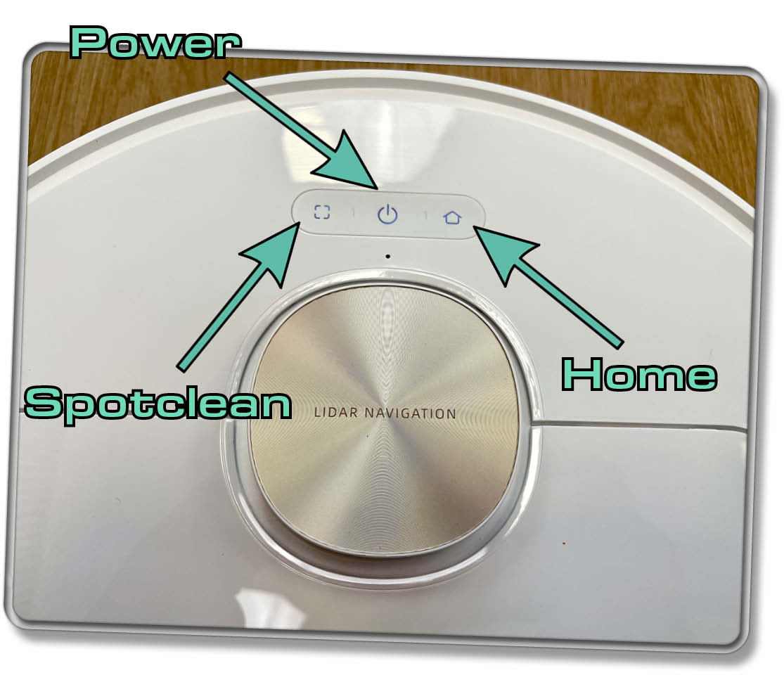 Über diese gummierten Tasten am Roboter, kann man ihn manuell steuern.