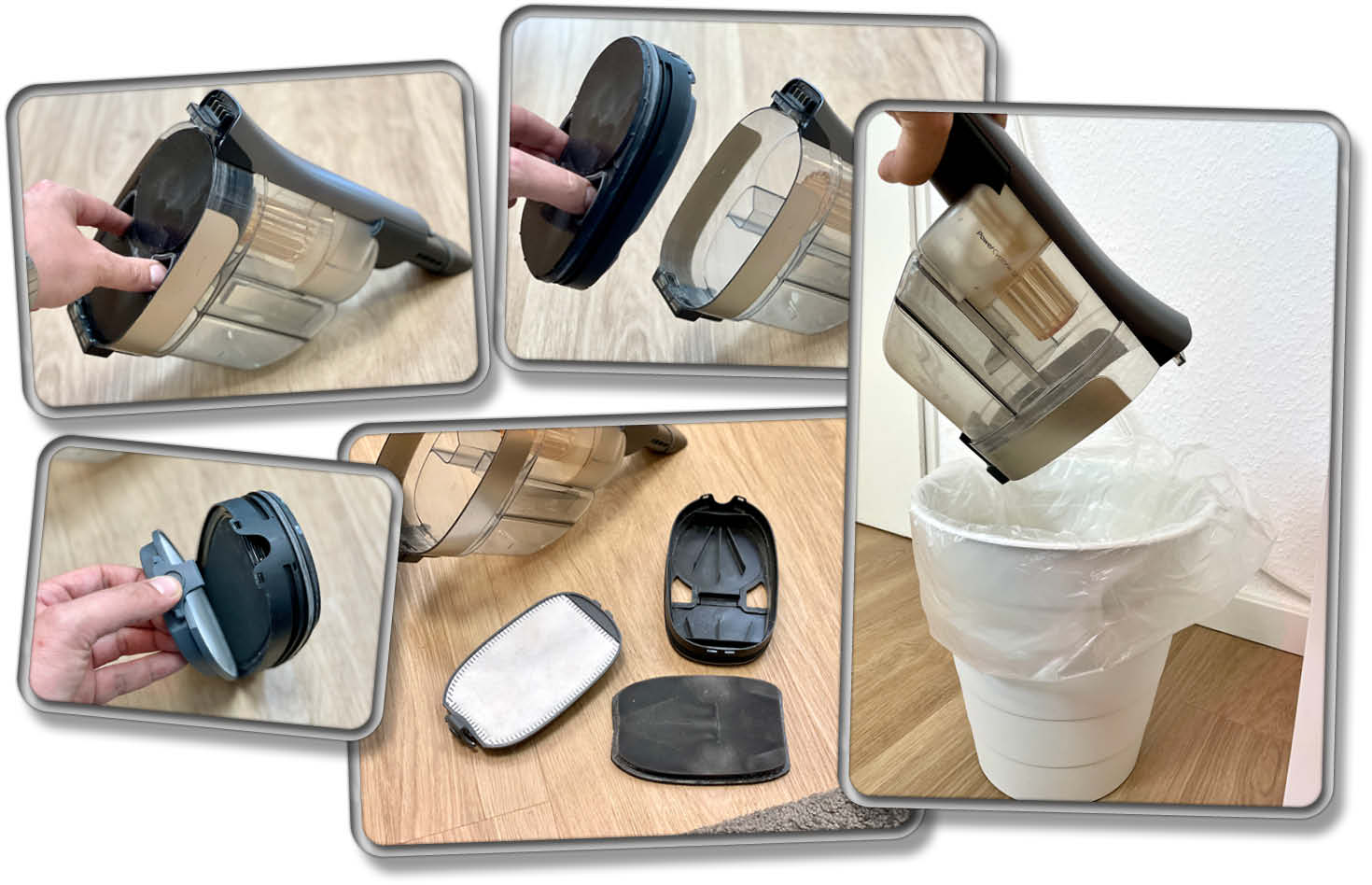 Unter dem Deckel des Staubtanks befinden sich die Staubfilter