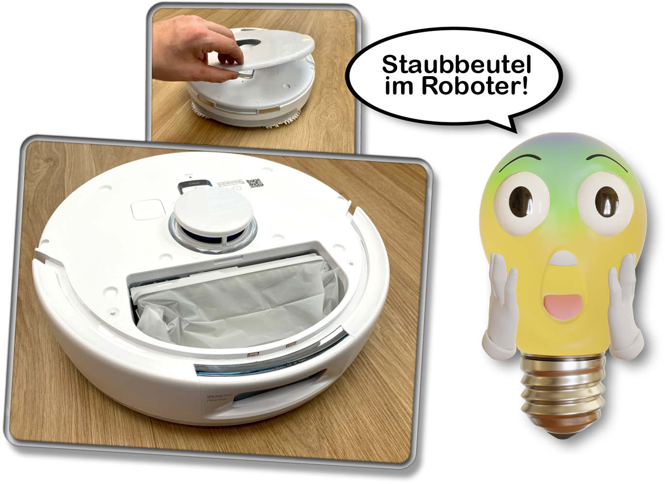 Unter der Haube kommt einem der eingesetzte Staubbeutel entgegen, was zuerest einmal merkwürdig klingt