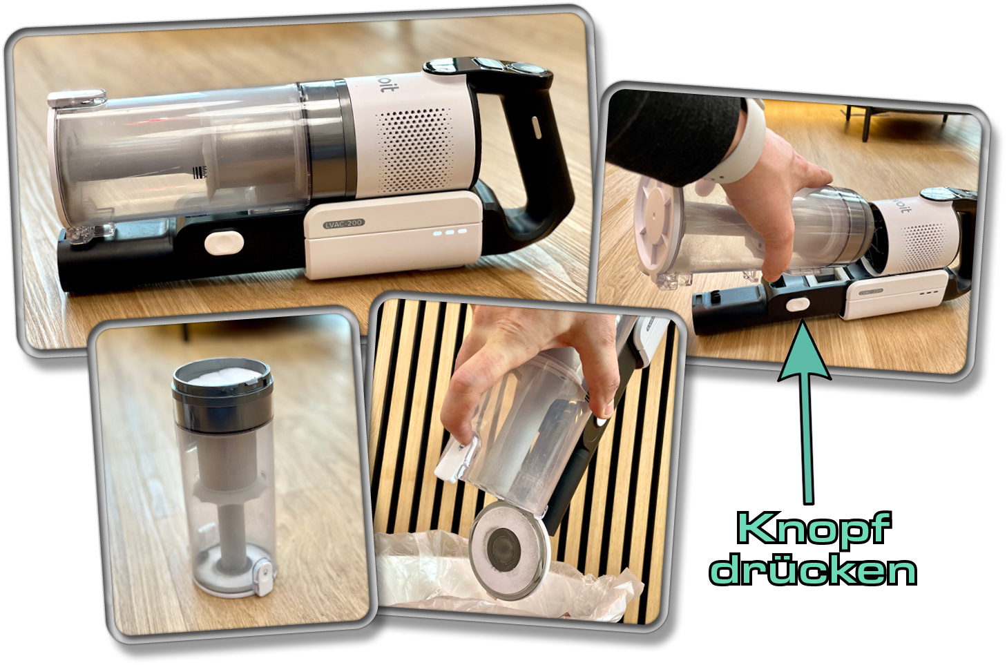 Das ist die Saugeinheit mit montiertem Staubtank. Dieser lässt sich leicht entleeren.