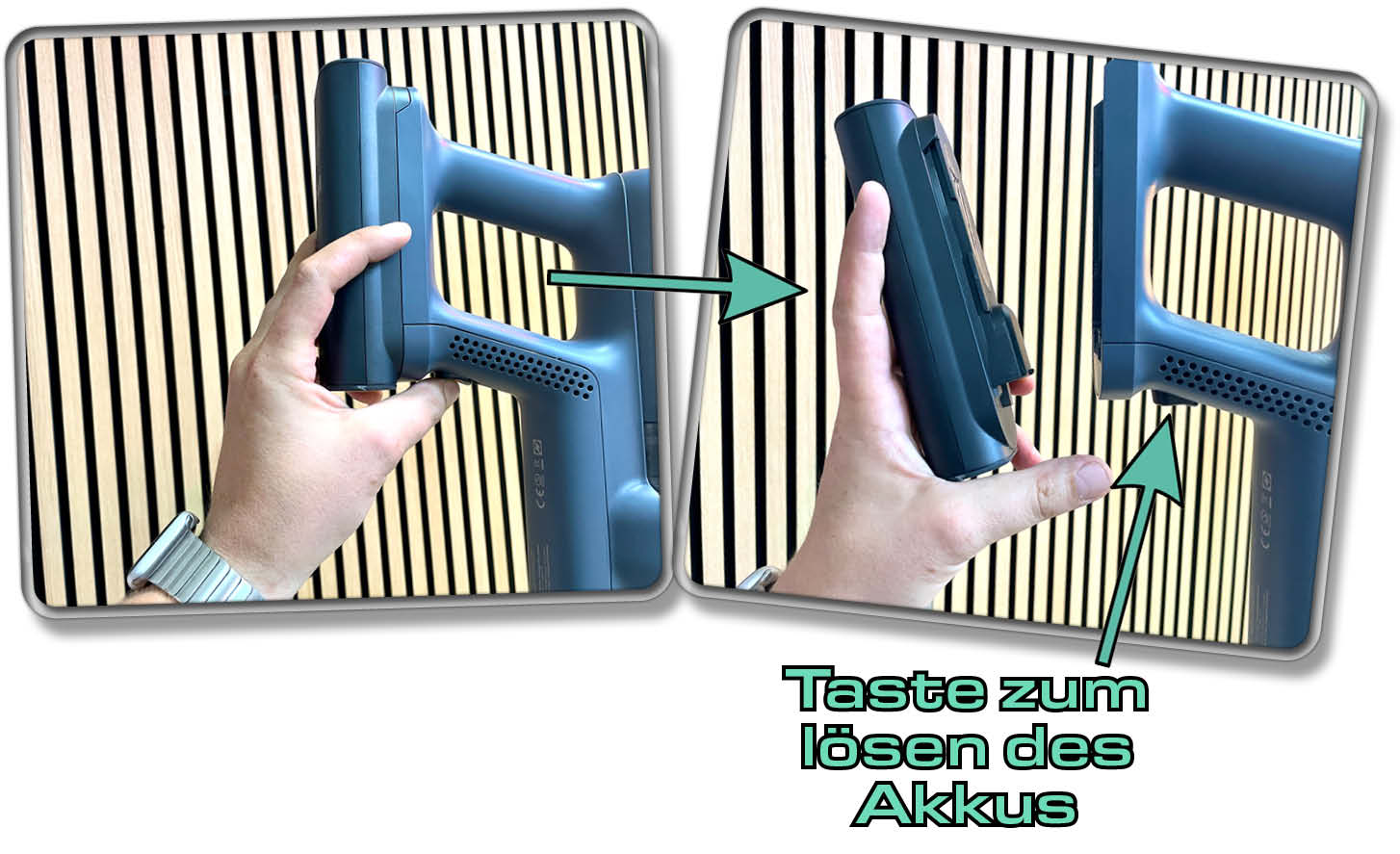 Der Akku des AEG ULTIMATE 7000 läst sich durch einen einfachen Tastendruck lösen