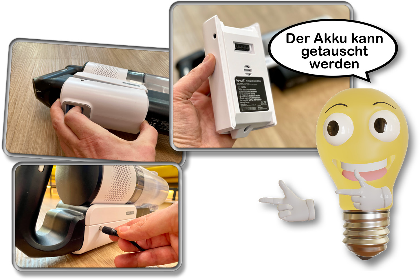 Der Akku des Levoit LVAC-200 kann lediglich über das mitgelieferte Kabel aufgeladen werden. Dafür kann er mit einem Handgriff entnommen werden.