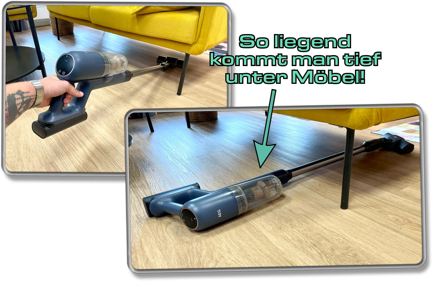 Der Akkusauger kommt tief unter Möbel