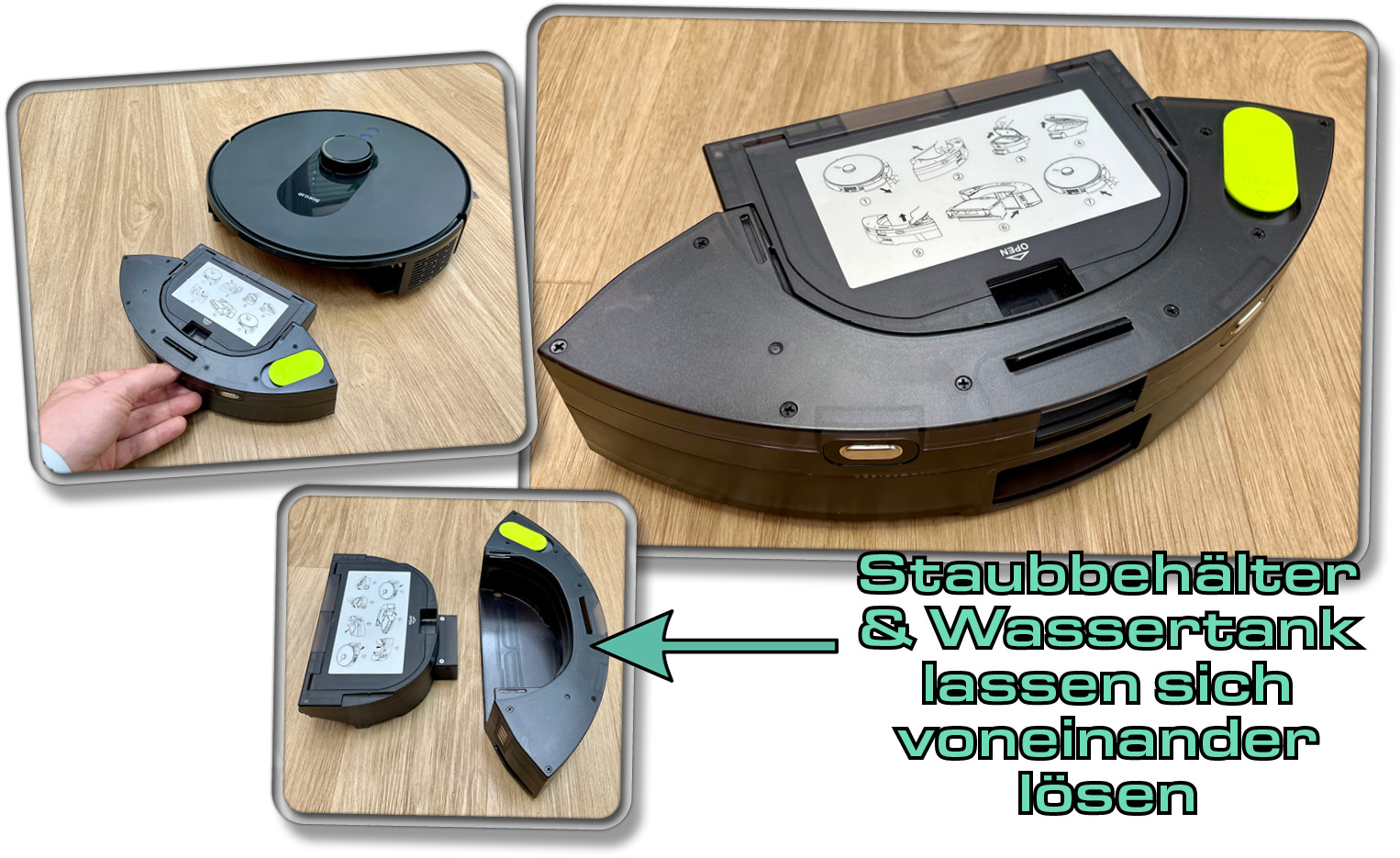 Der Kombitank besteht sowohl aus Staubehälter, als auch aus Wassertank, die beide getrennt werden können