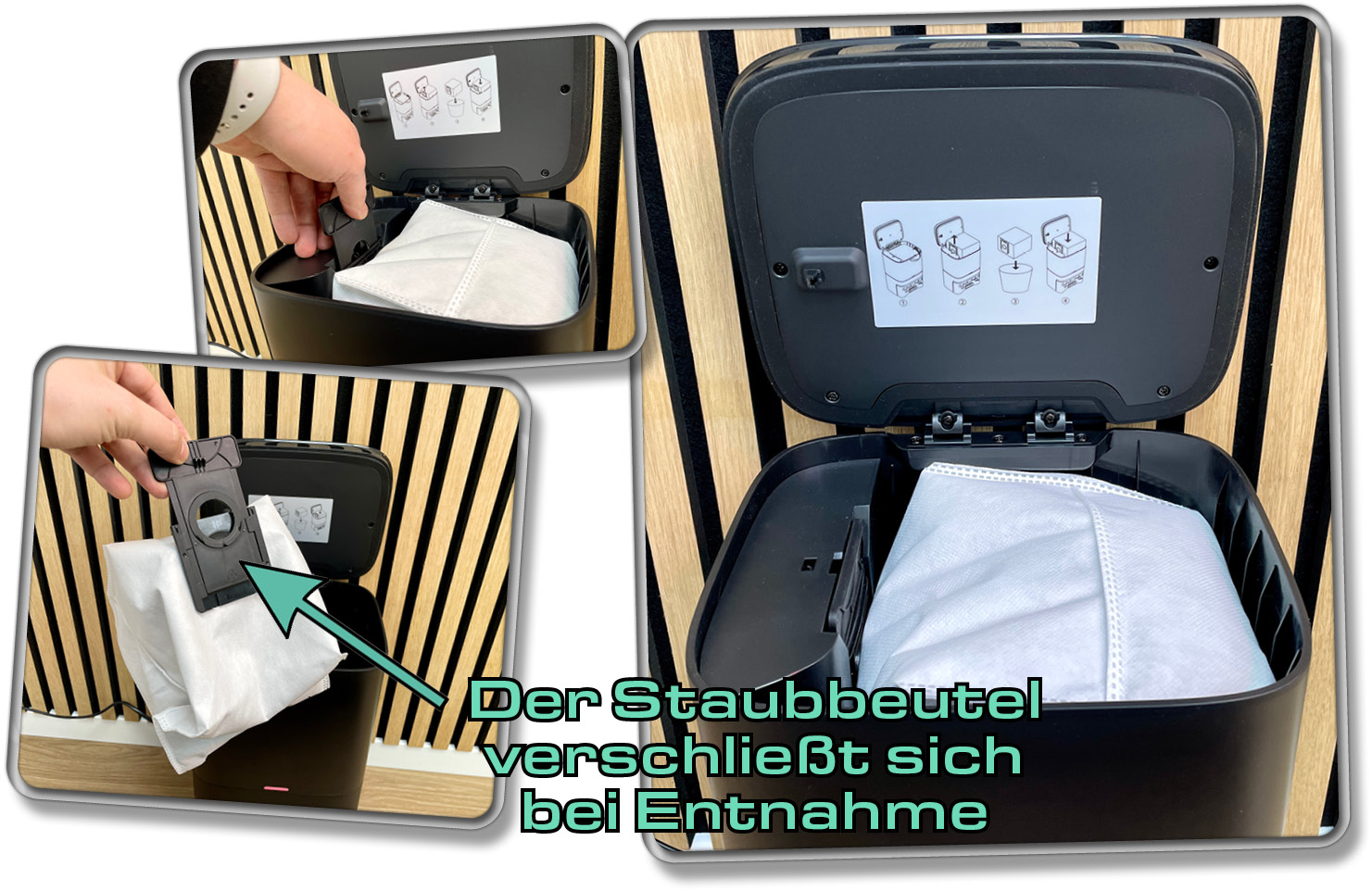 Der Staubbeutel der Absaugstation verschließt sich bei Entnahme und hält 70 Tage ohne einen Wechsel durch