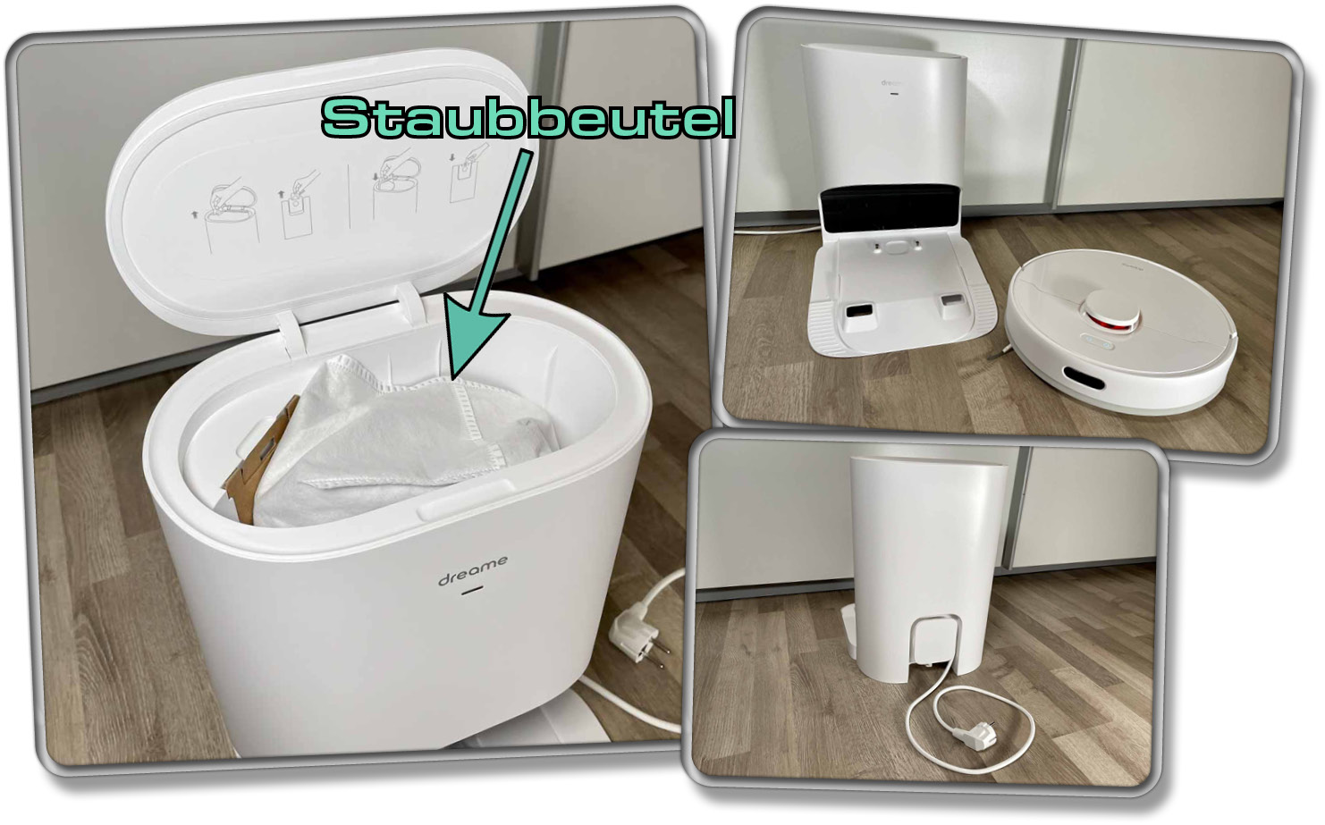Der Staubbeutel ist in der Station versteckt und verschließt sich bei Entnahme selbst