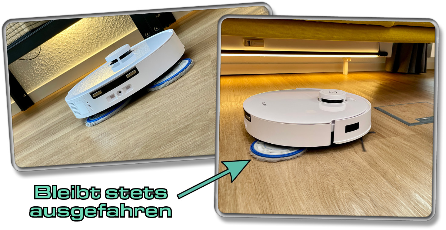 Der eine ausfahrbare Wischmopp bleibt sogar ausgefahren während der Reinigung der Mitten des Raumes