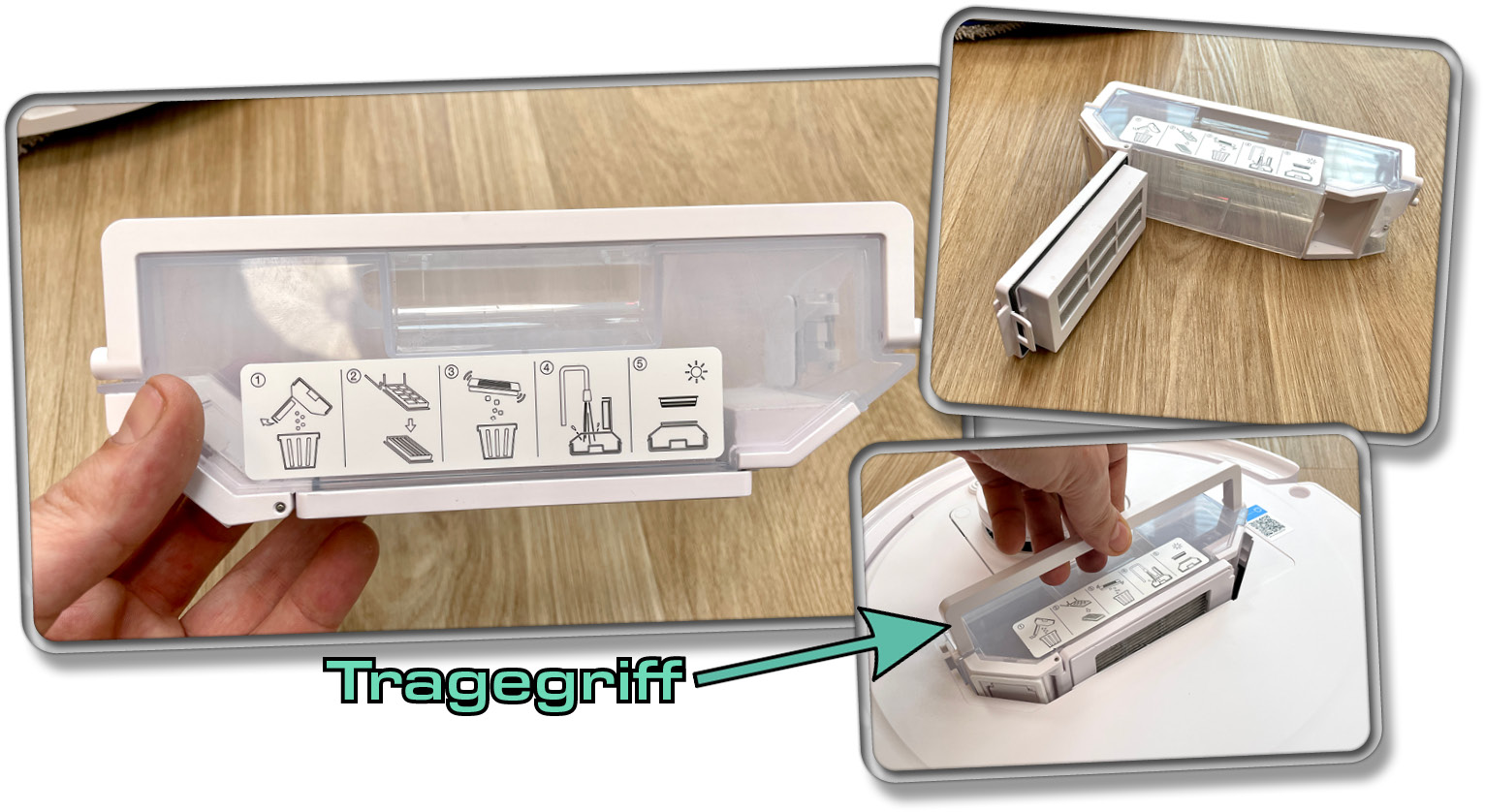 Der etwas zu klein geratene Staubbehälter hat einen Tragegriff