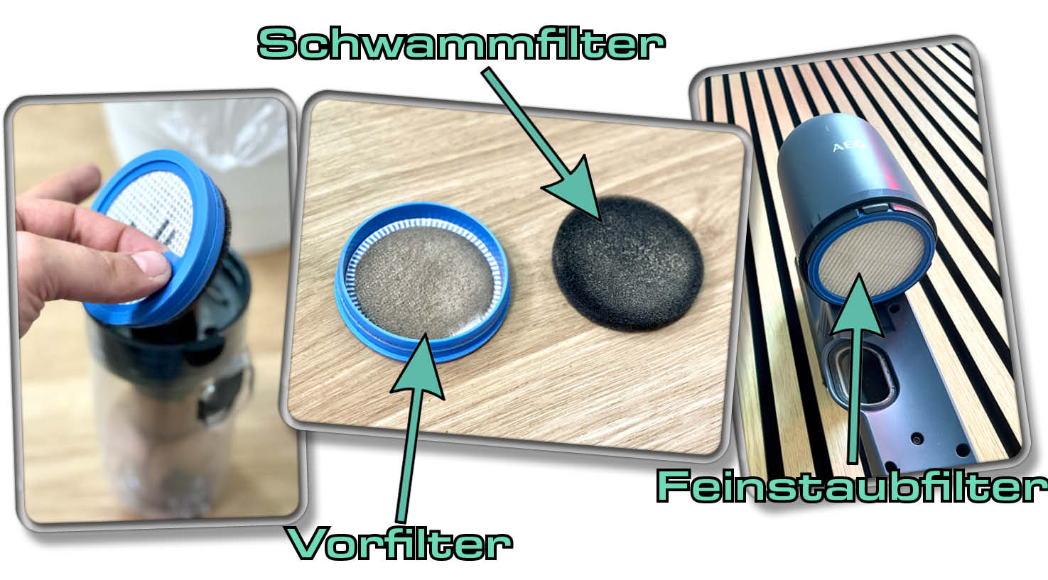 Die Filter des Akkusaugers lassen sich allesamt entnehmen und von Hand reinigen