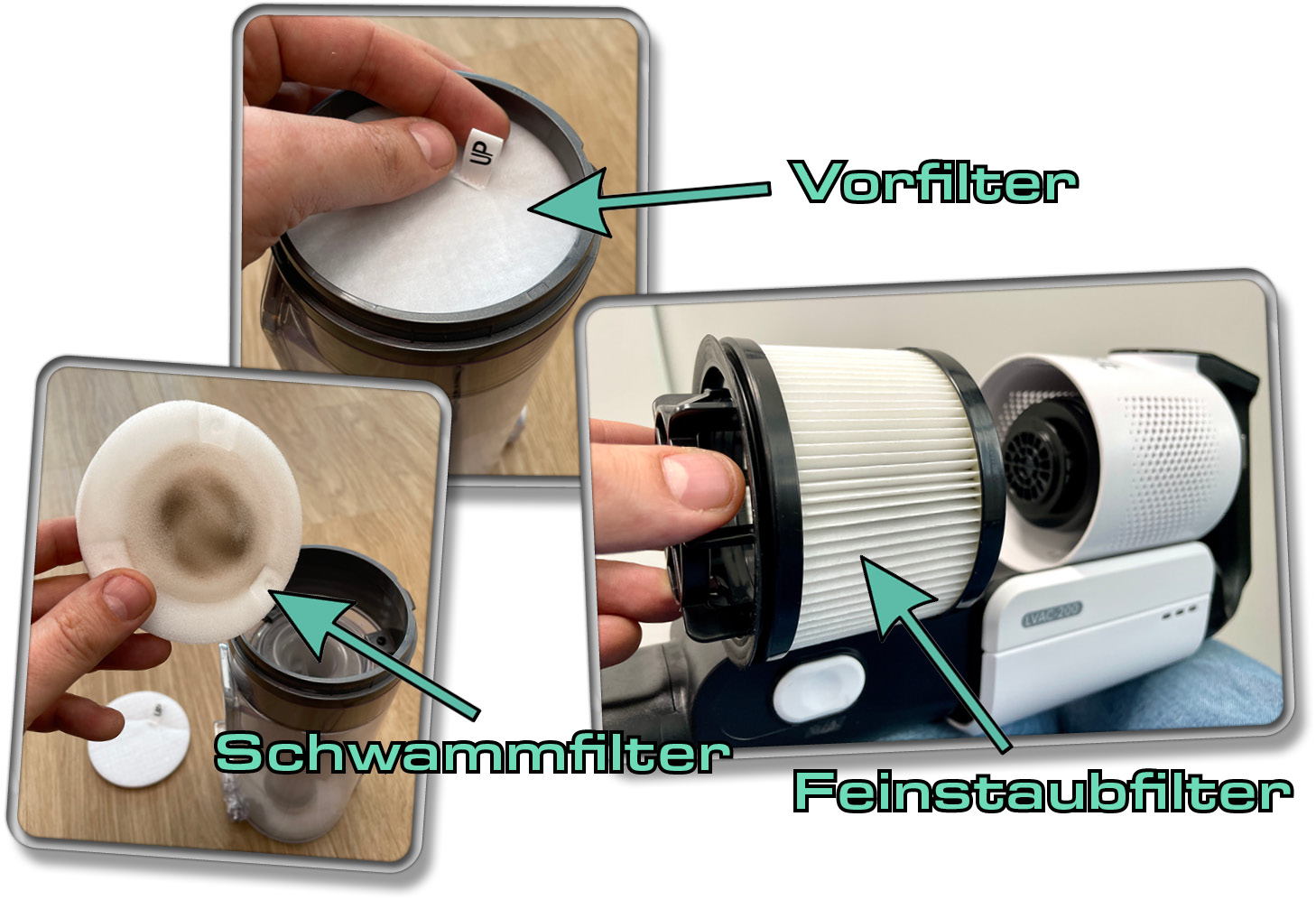Die Filter verstecken sich sowohl im Staubtank, als auch in der Saugeinheit des Levoit LVAC-200
