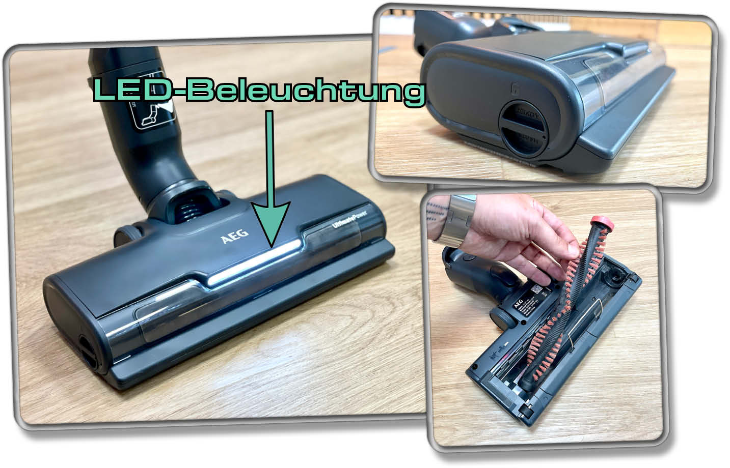 Die Kombibürste des AEG ULTIMATE 7000 kann einfach auseinandergenommen werden und besitzt eine LED-Beleuchtung