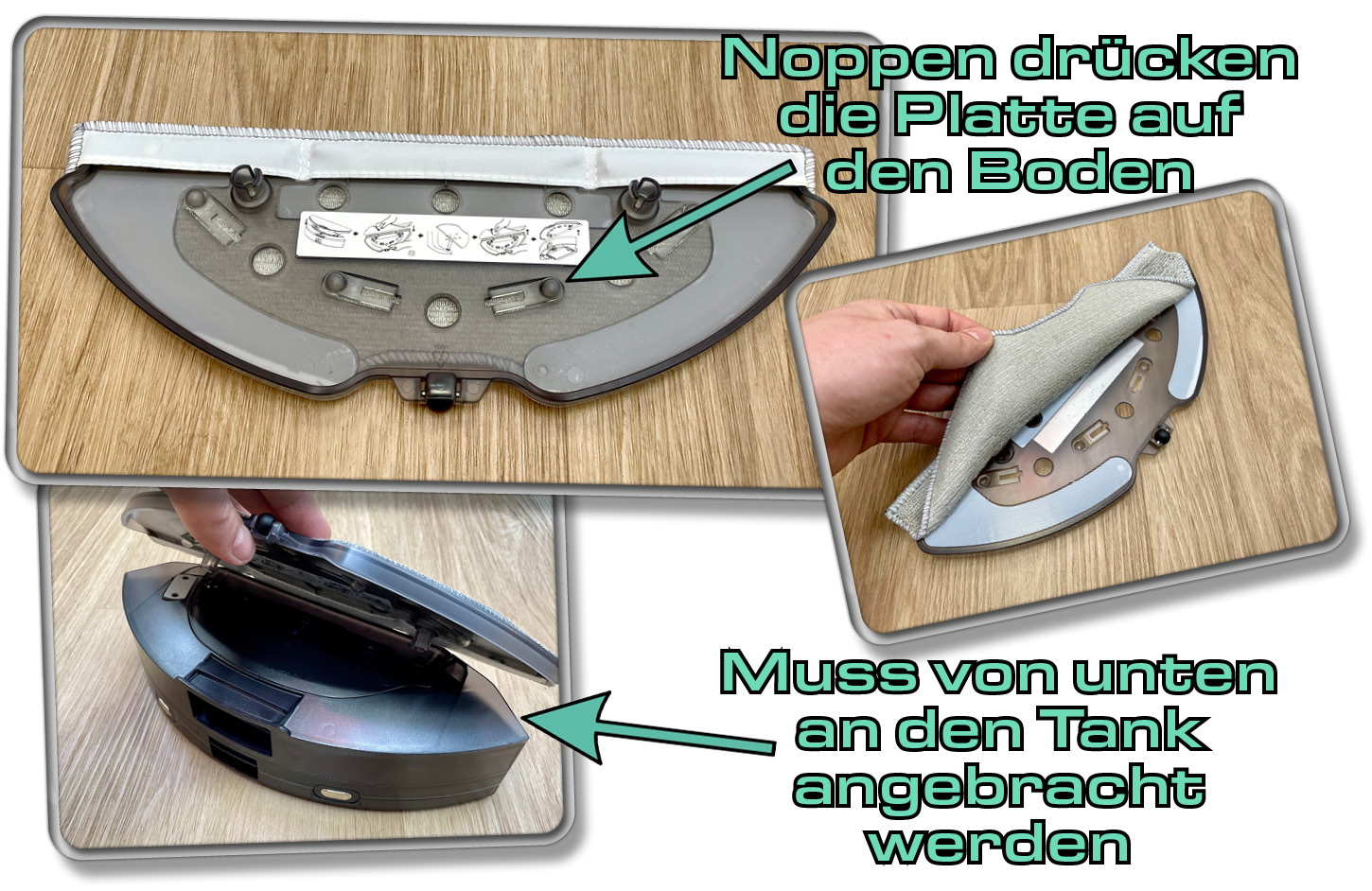Die Wischplatte des Botslab by 360 S8 Plus muss von unten an den Tank angebracht werden
