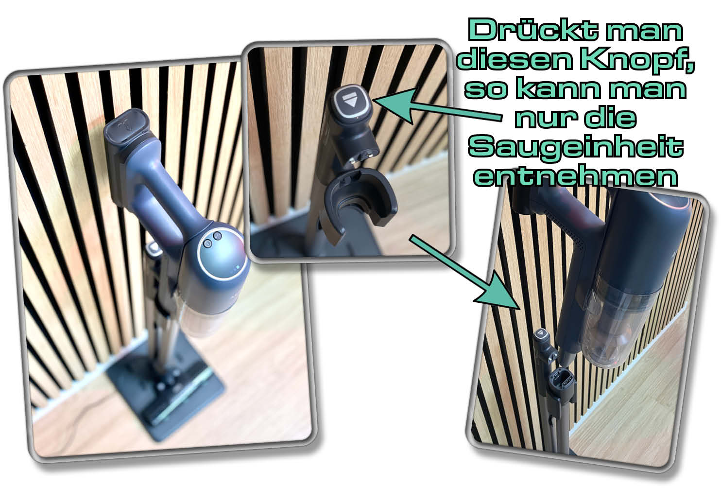 Die stehende Station besitzt einen Knopf, durch den nur die Saugeinheit gelöst wird und das Saugrohr bleibt stehen